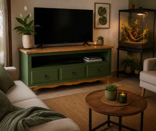 Rack verde com detalhes rusticos