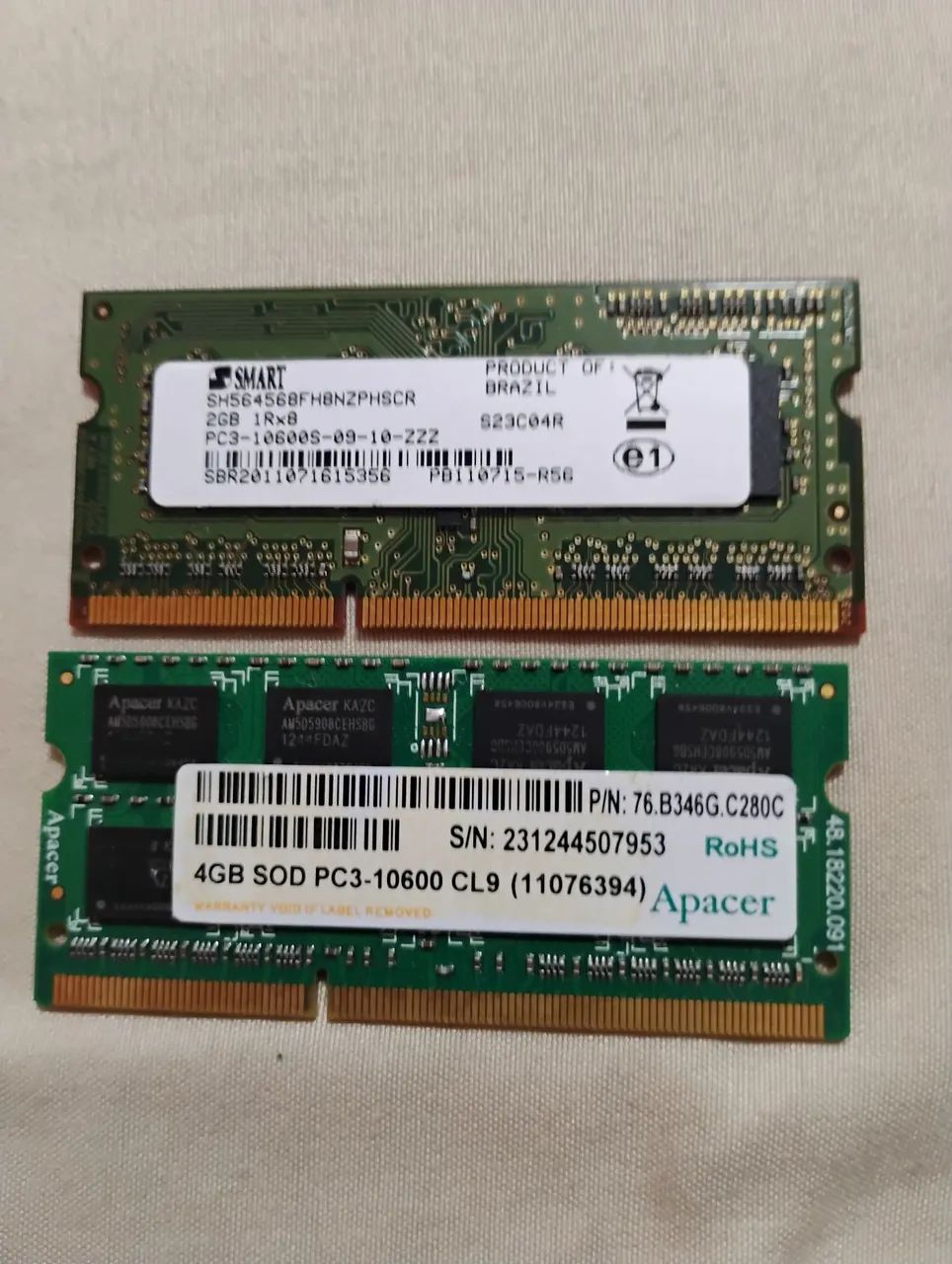Memória Notebook PC3 10600-  6Gb sendo 4Gb + 2Gb