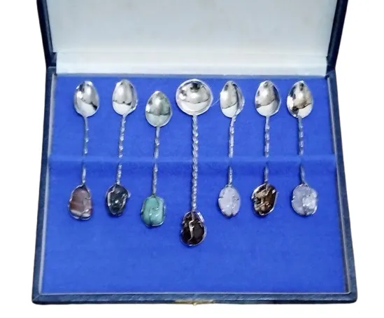 Antigo Kit de Colheres de Prata com Pontas de Pedra Brasileiras Vintage Retro Anos 70 80