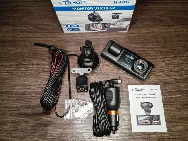 Câmera Veicular Tripla Full HD com Visor LCD Lelong Modelo LE-6811