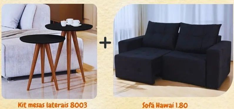 COMBO SOFÁ HAWAI 1.80 (VILMA ESTOFADOS) + KIT MESAS LATERAIS 8003 - (JB )