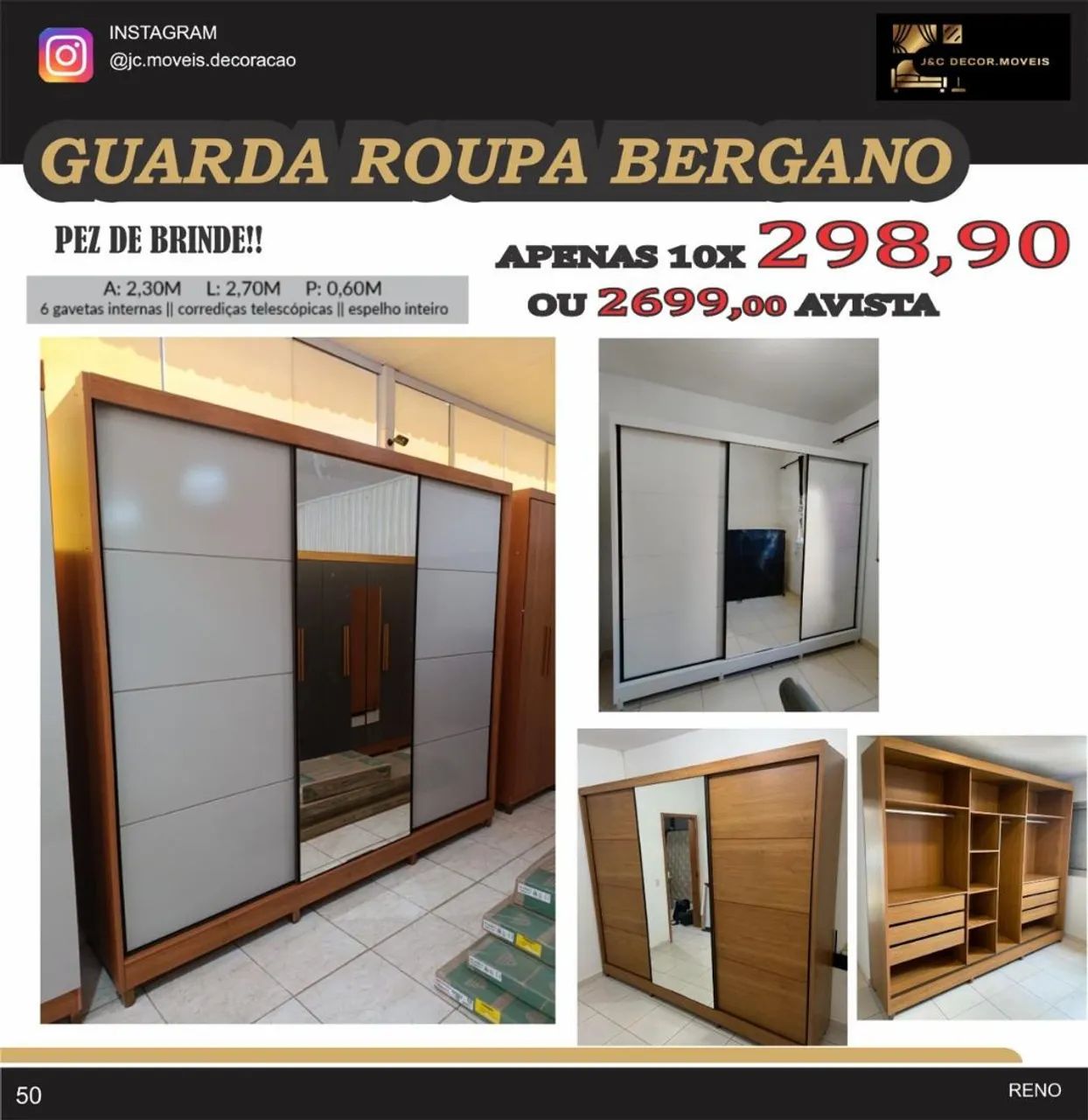 Guarda-roupa Bergano com 6 gavetas e espelho!