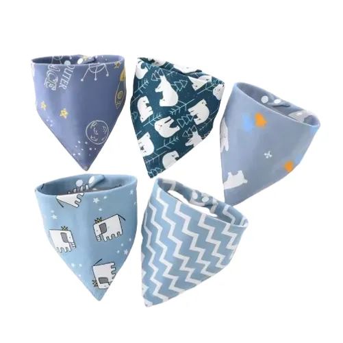 Kit 5 Babadores Bebê Algodão Camada Dupla Botão De Pressão Mix Azul