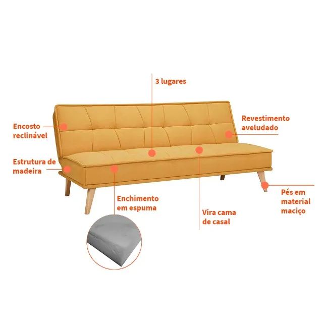 Sofá-Cama 3 Lugares Casal Amarelo - Foto 5