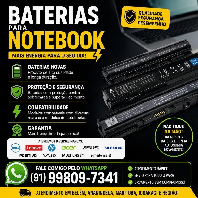 BATERIAS PARA NOTEBOOK - NOVAS, DE QUALIDADE E COM GARANTIA!