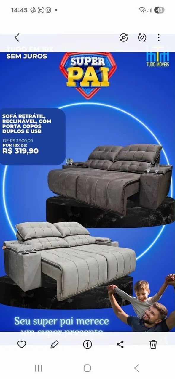 SOFA RETRÁTIL E RECLINÁVEL P/3 LUGARES 