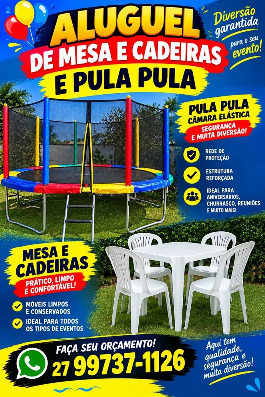 Locação de mesas e cadeiras, pula pula 