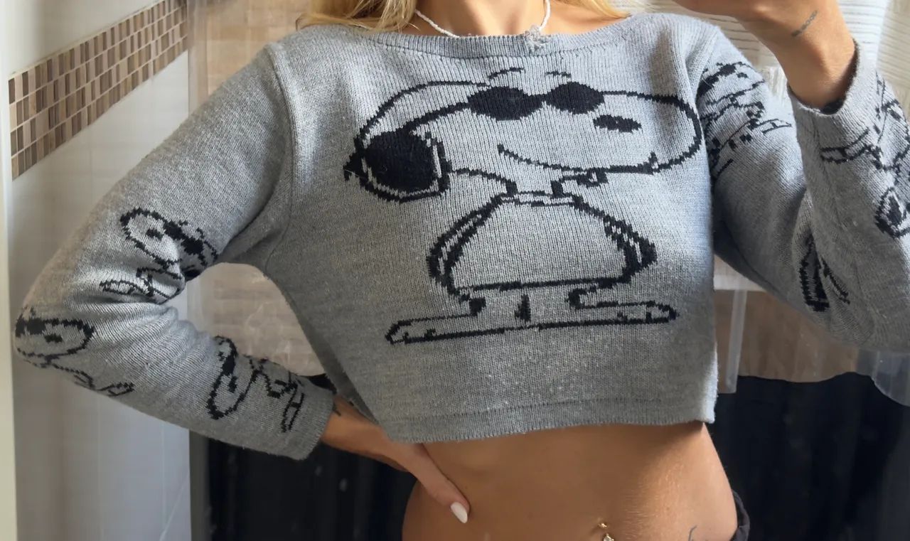 Cropped Manga Longa Cinza Snoopy Tricô Tam P (leia) - Roupas