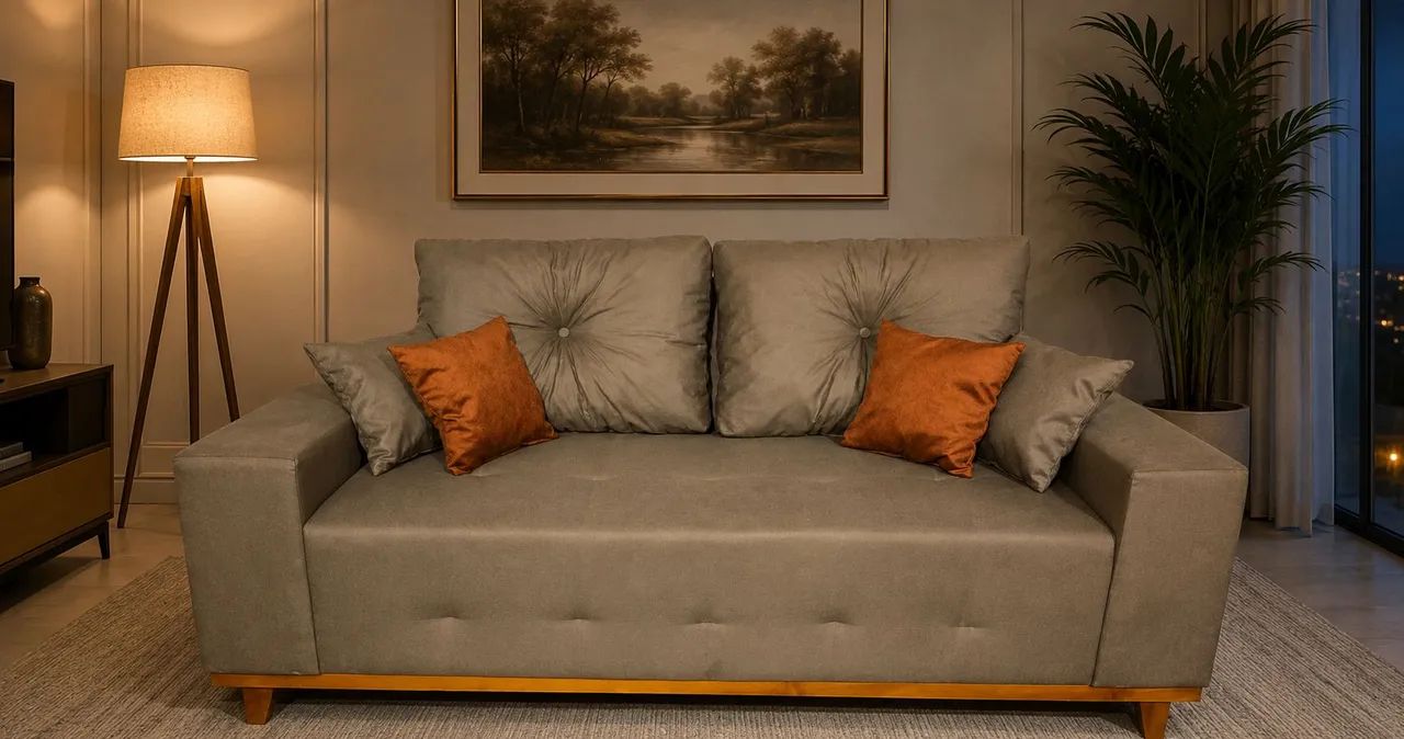 Sofá retrô quadrado 3 lugares com 4 almofadas decorativas grátis 