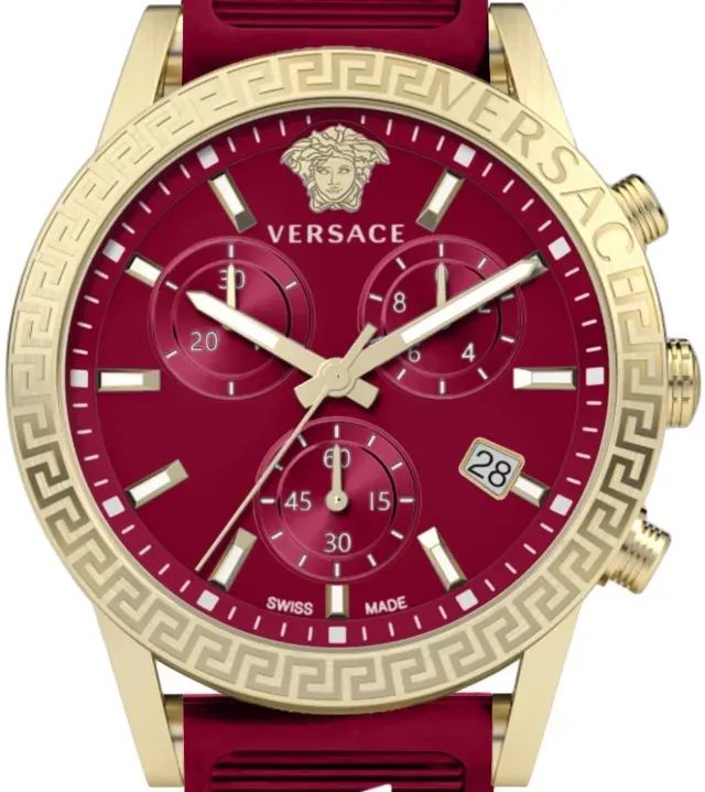 Relógio feminino cronógrafo com mostrador vermelho e caixa dourada da Versace. - Foto 4