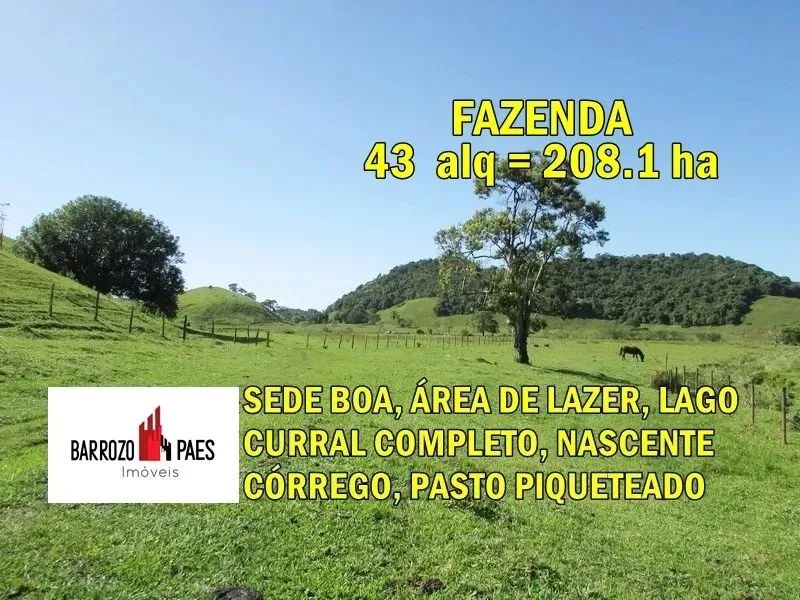 Barrozo e Paes - Fazenda a venda com 43 alq (208.12 ha) nascente e córrego, pastagem forma