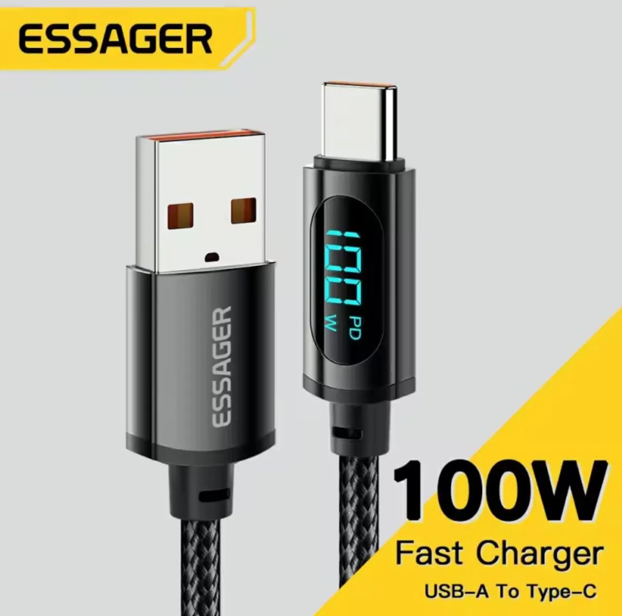 Cabo Essager USB-A- Tipo C 100W  2 Metros Display Digital Turbo Carga