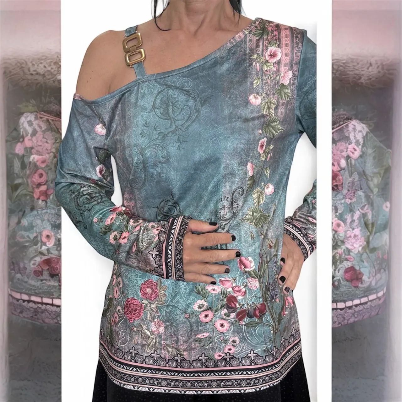 blusa boho floral verde com argola - Foto 4