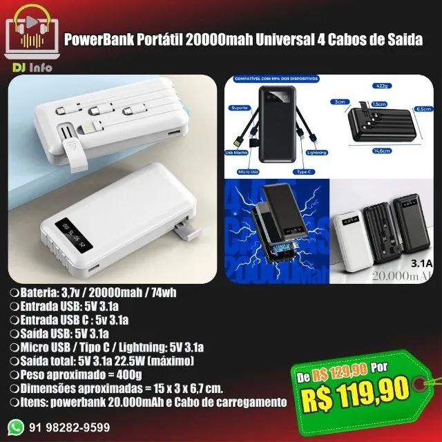 PowerBank Portátil 20000mah Universal 4 Cabos de Saida