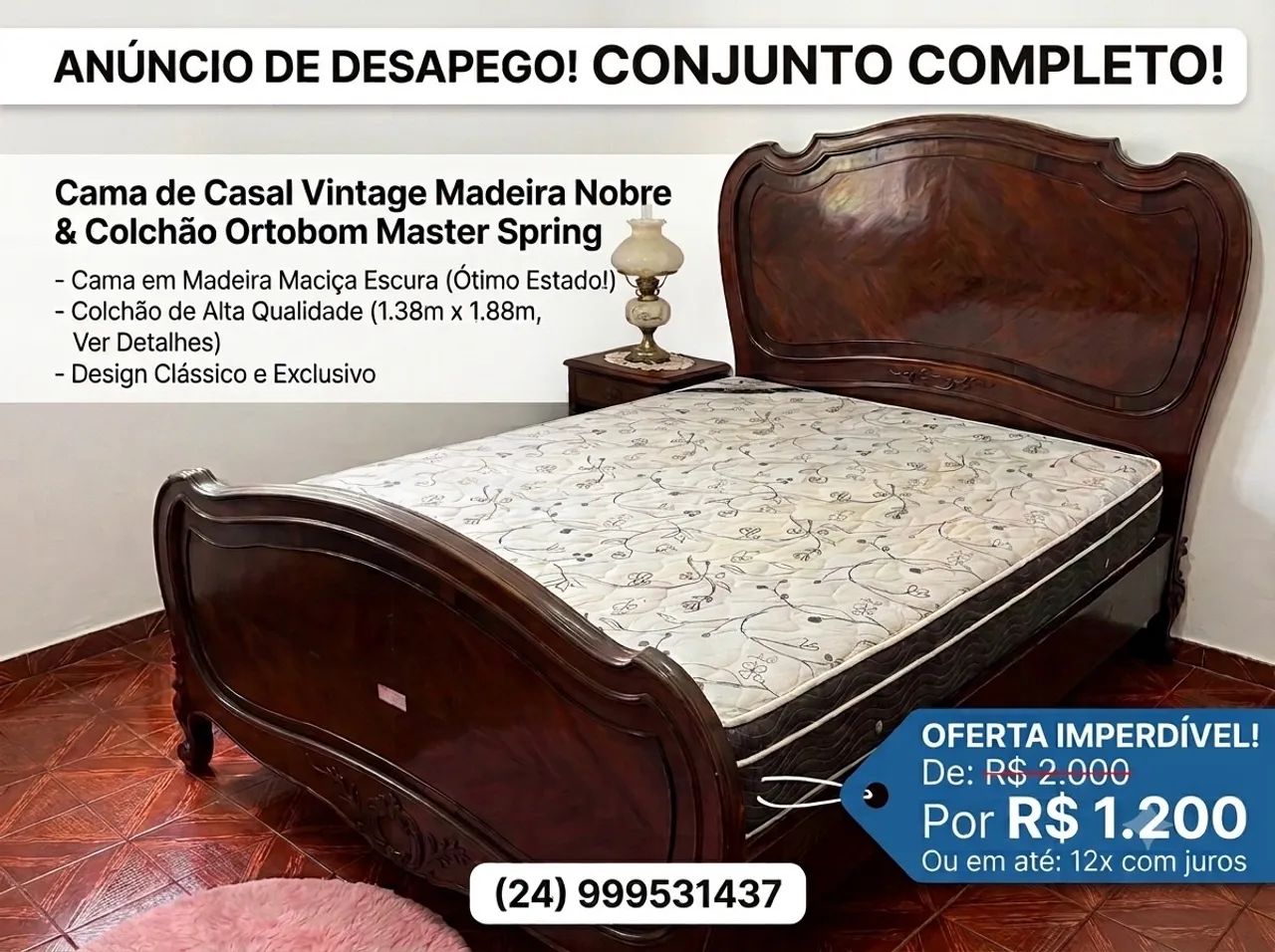 Conjunto cama de casal em madeira nobre e colchão ortobom
