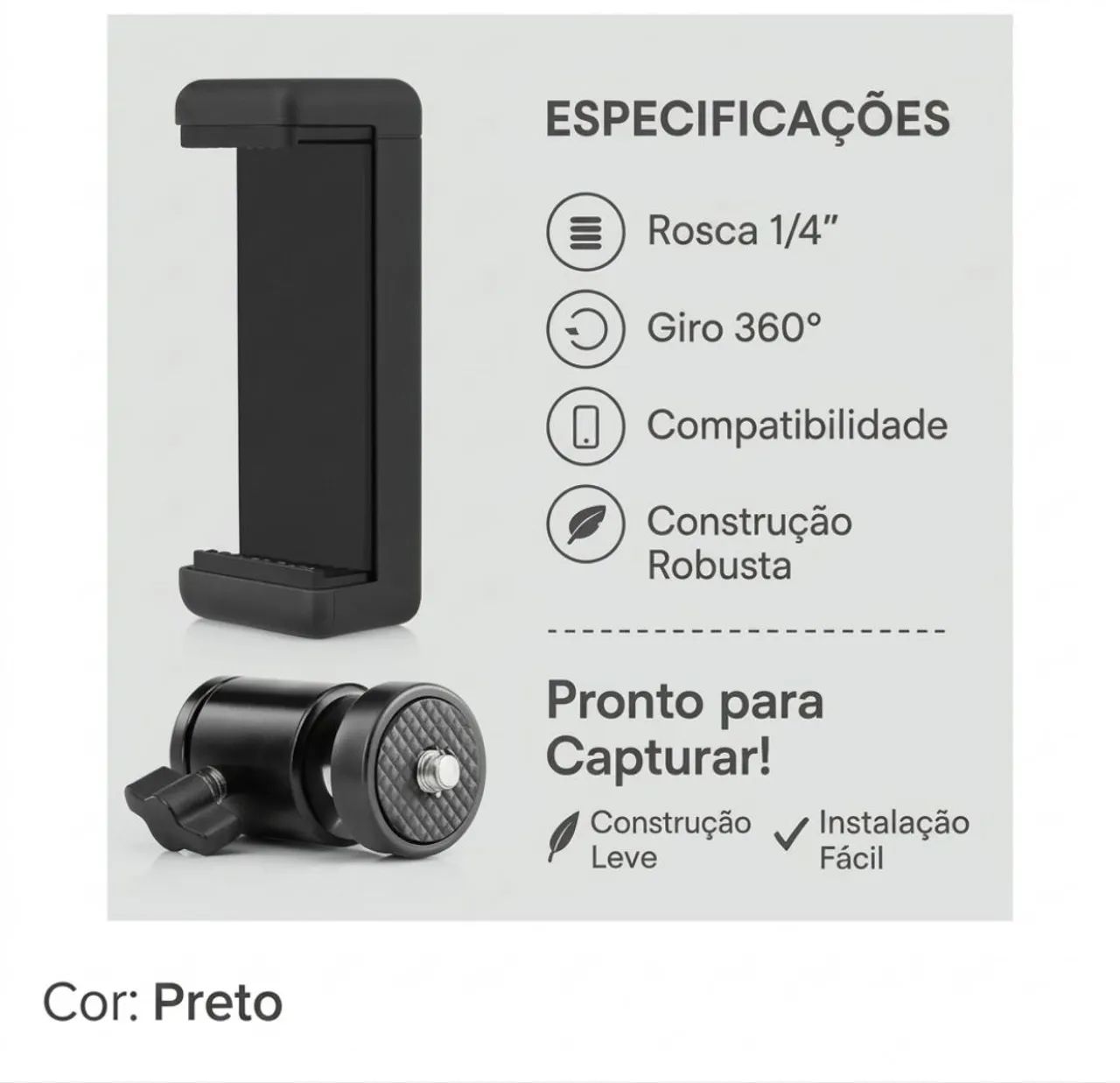 Cabeça de bola Suporte celular ? kit, tripé rosca 1/4 360° - Foto 5