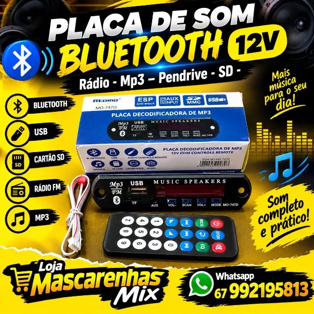 Placa de Som Bluetooth 12v (Rádio, Pendrive, MP3, USB, SD)