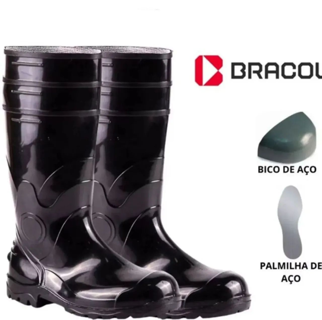 Bota PVC galocha borracha cano longo preta com bico e palmilha de aço