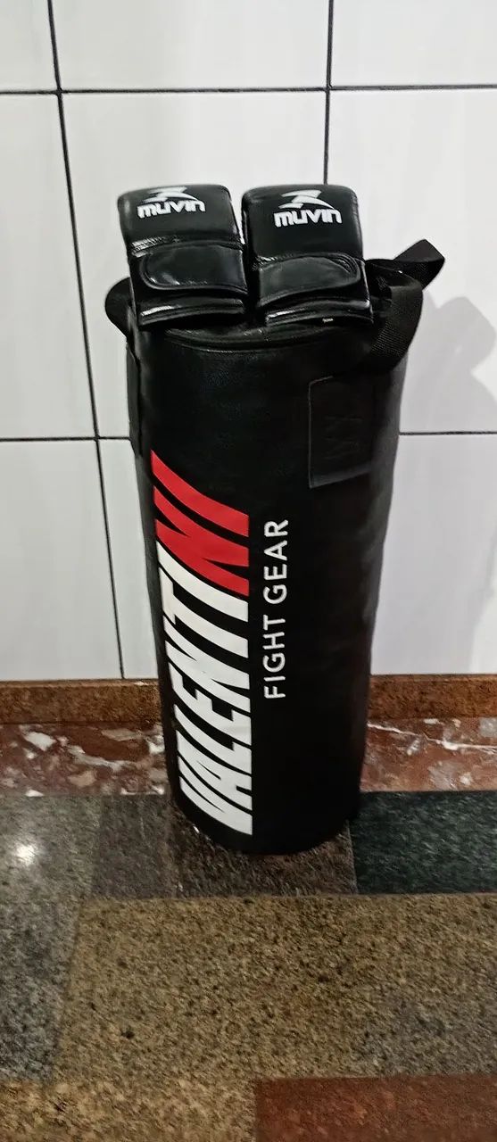 Saco de pancada, caneleira  e luvas de box.