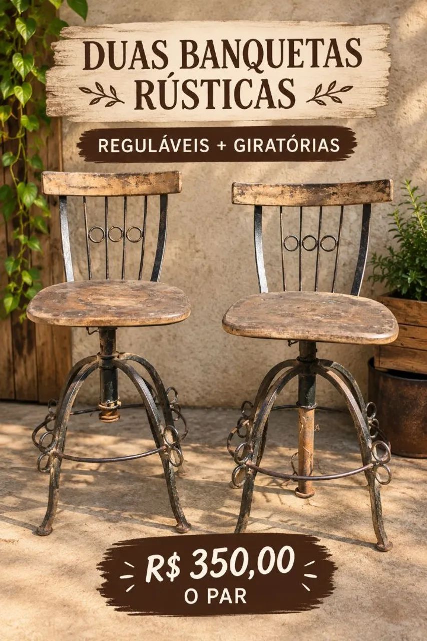 Banquetas vintage madeira e ferro