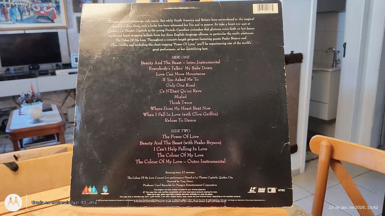 LASER DISC CELINE DION. THE COLOUR OF MY LOVE IN CONCERT. 1995