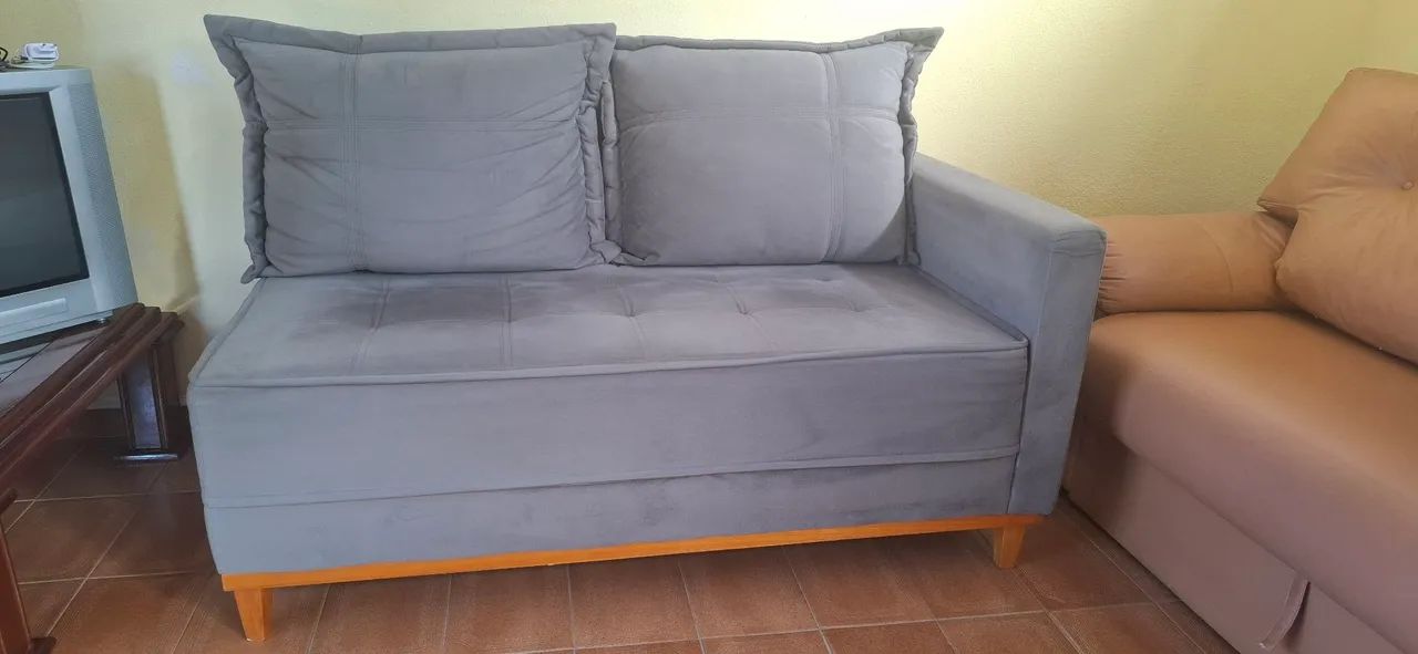 Sofá de canto 2 lugares em tecido cinza 