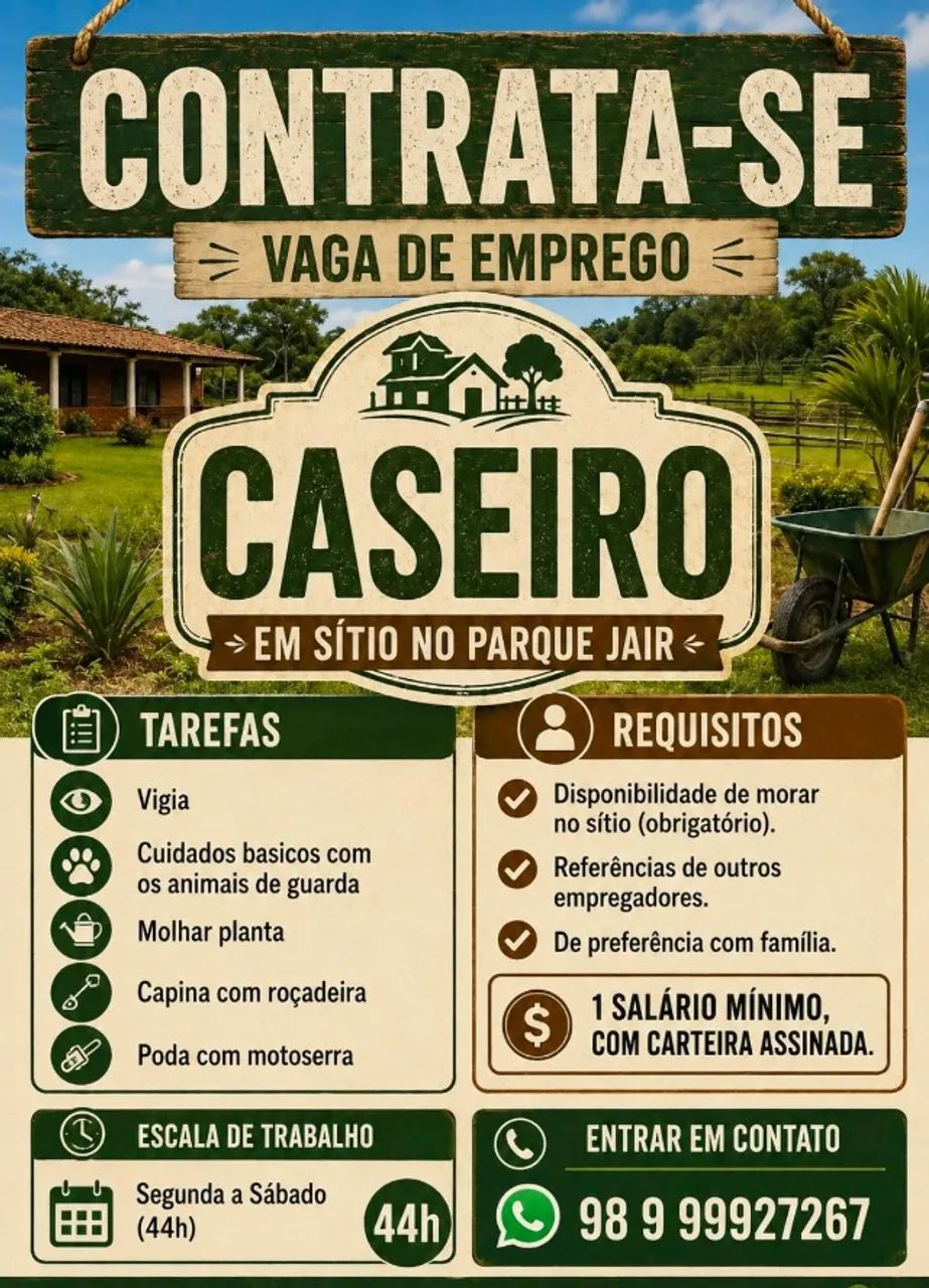 Vaga de Caseiro em sítio São Luís 