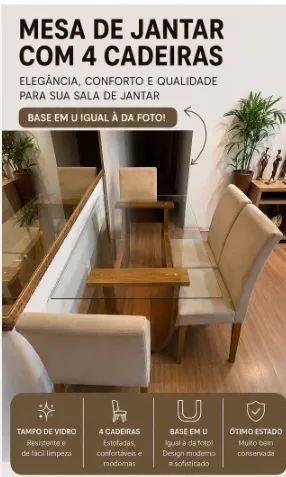 Mesa de Jantar com Tampo de Vidro + 4 Cadeiras - Base em U - Foto 2
