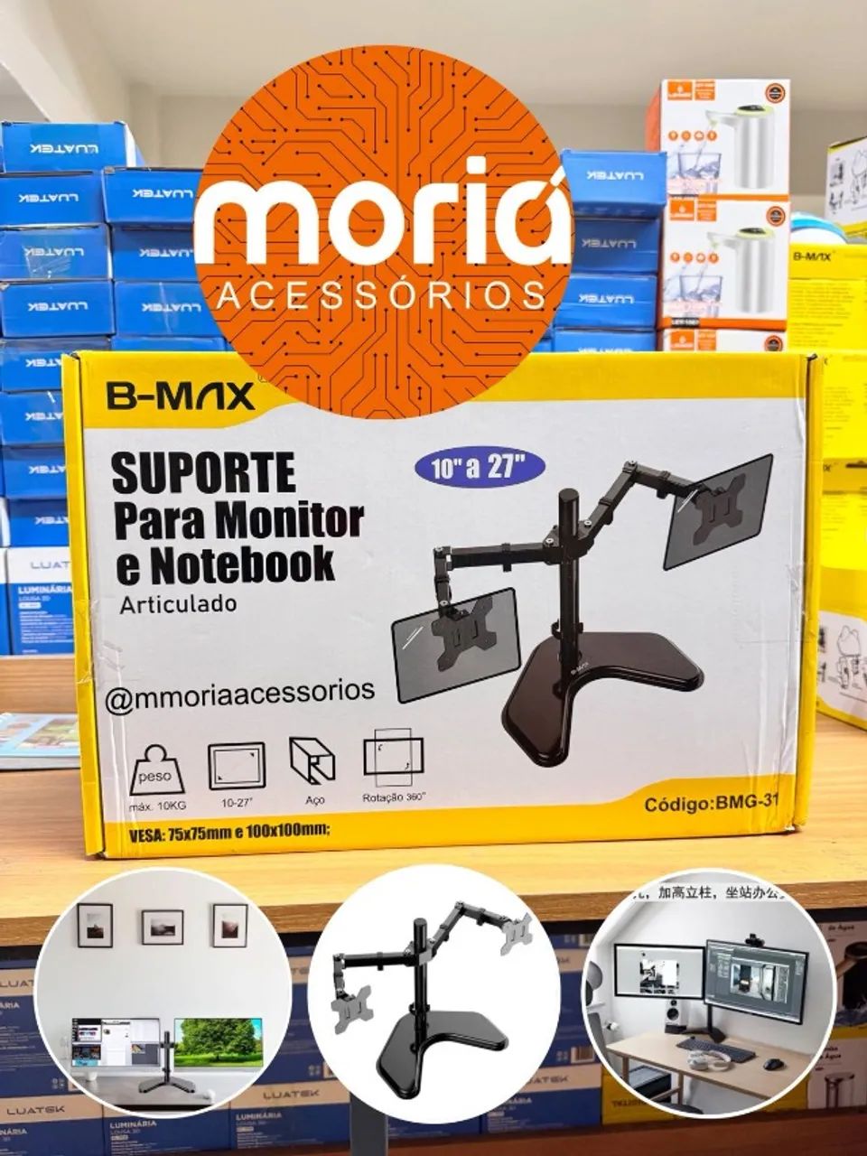 UPORTE PARA 2 MONITORES/TVS PARA TELA DE 10 A 27 POLEGADAS TRIARTICULADO ESCRITORIOS