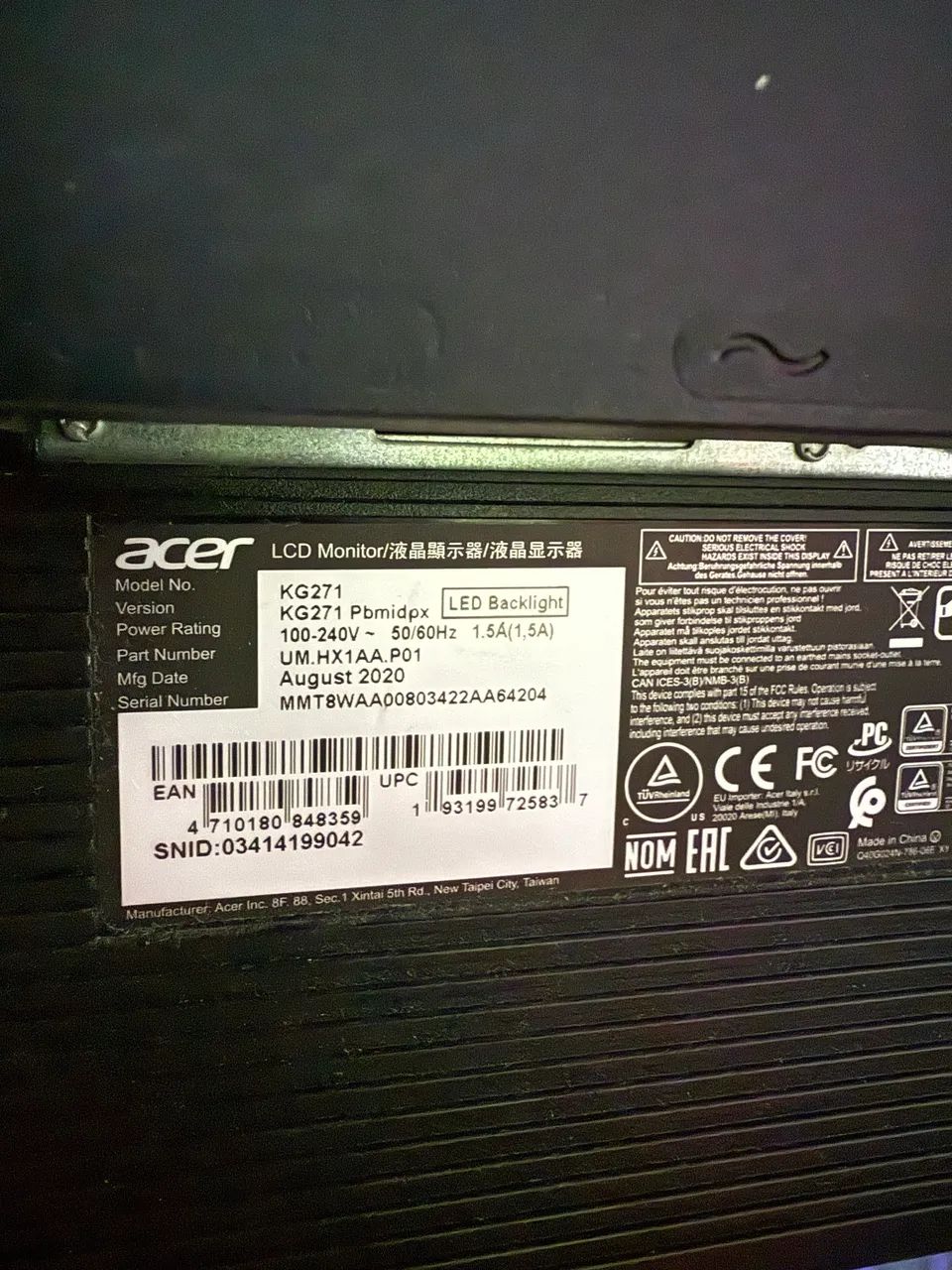Monitor Acer 27 polegadas 165 hz KG27164208801928963121
