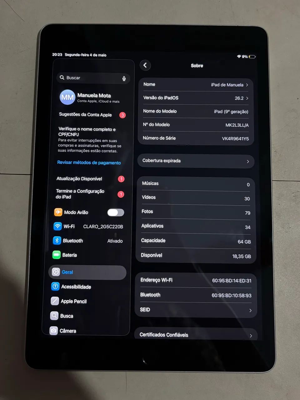 iPad （9世代） ブラック 64GB Apple iPad 9 10.2” 64GB WiFi 4G MK473LZ/A Cinza Espacial (2021