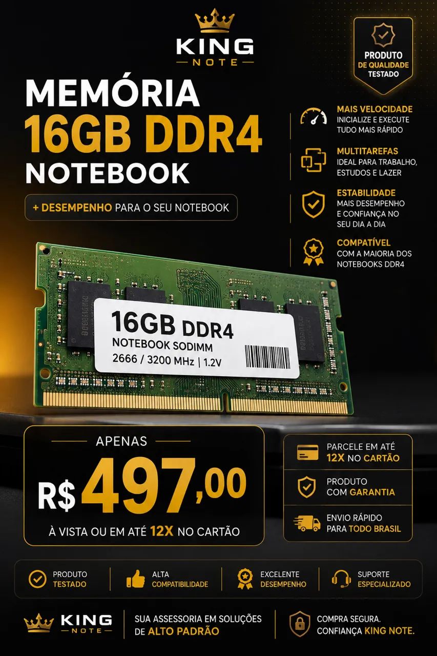 Memória RAM Notebook 16GB DDR4 Kingston ADATA SMART Samsung