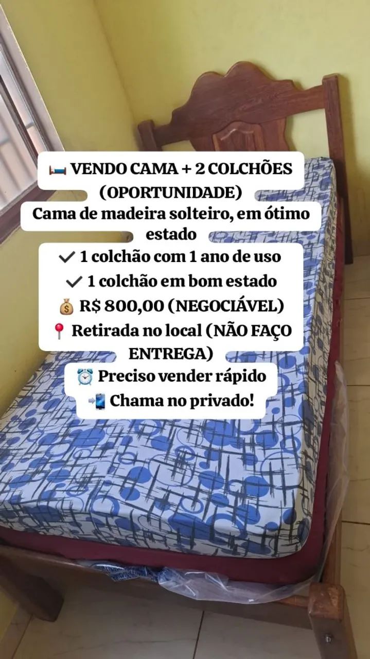 Cama de solteiro de madeira e dois colchões de solteiro 