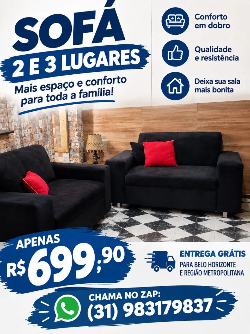 SOFÁ NOVO COM PREÇO BOM, FRETE GRÁTIS PARA BH E REGIÃO METROPOLITANA 
