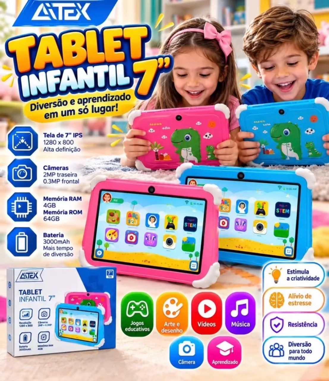 Tablet Infantil 7 Android 13 4gb 64gb Câmera Capa Dino