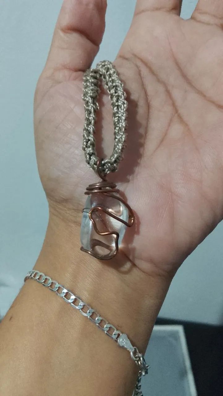 Kit Colar Cristal Pedra Natural E Pulseira Macramê Boho - Foto 3