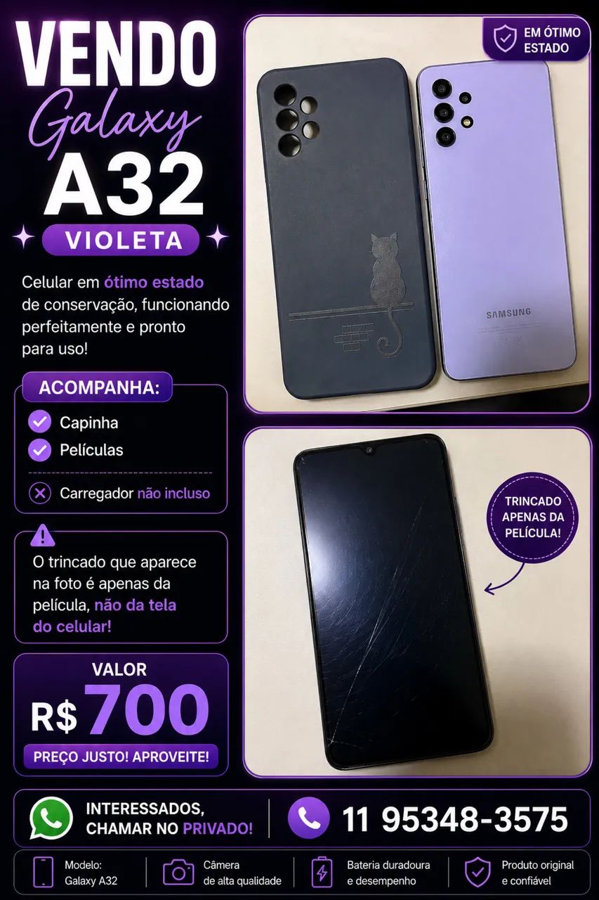 Samsung Galaxy A32 Violeta Completo com Capinha e Películas