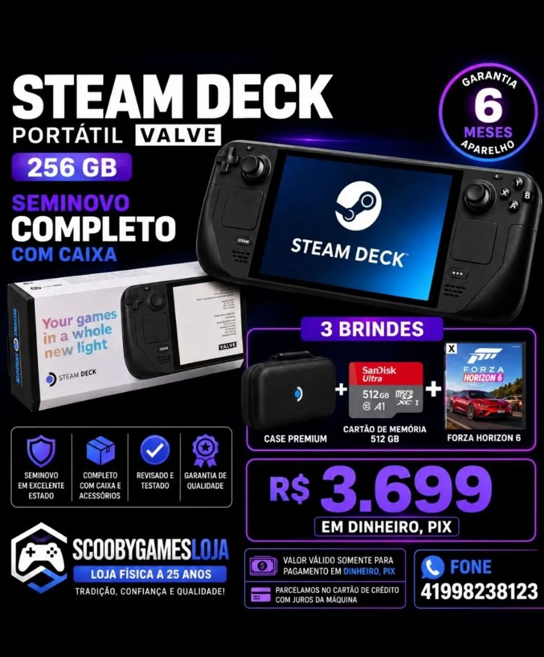 STEAM DECK PORTÁTIL VALVE SEMINOVO 256GB+ CARTÃO DE MEMÓRIA 512