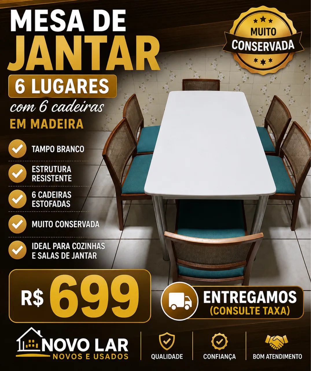  Mesa em madeira com 6 cadeiras