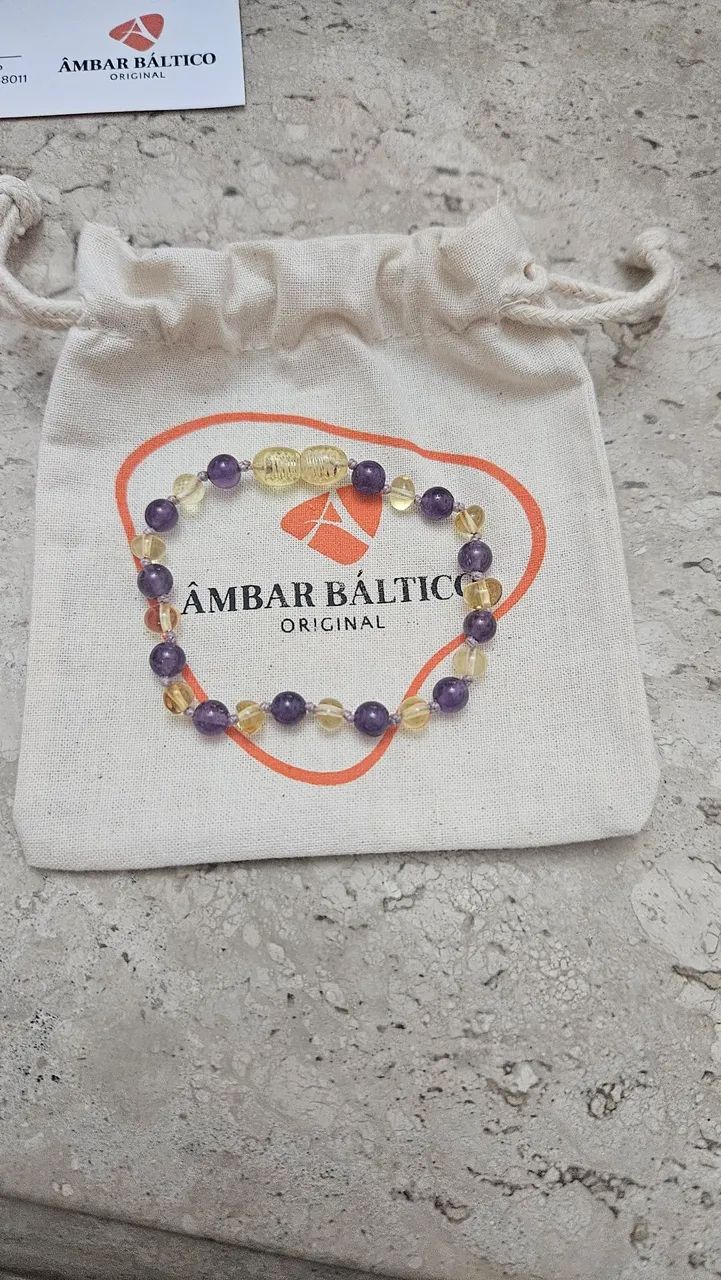 Pulseira Âmbar Báltico barroco limão e ametista com feicho  18 cm - Foto 2