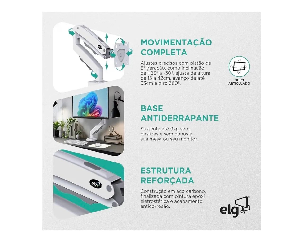 Suporte Articulado de Mesa com Pistão a Gás para Monitores de 17' a 35' Branco - F80W ELG - Foto 5