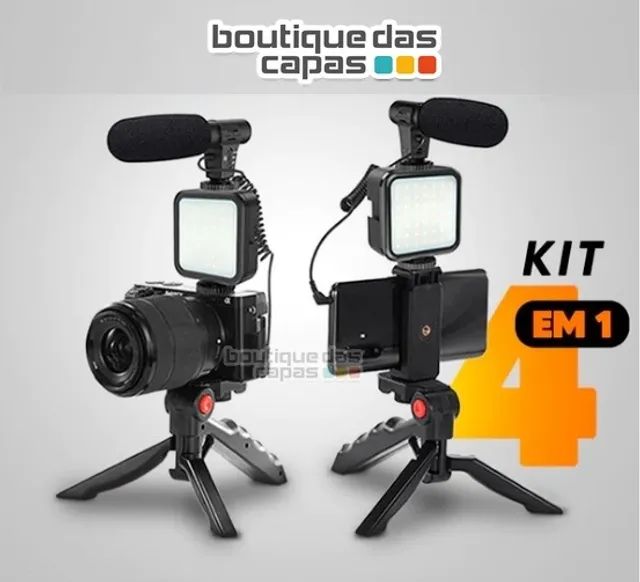 Kit de gravação 4 em 1 microfone led suporte celular câmera e  tripe
