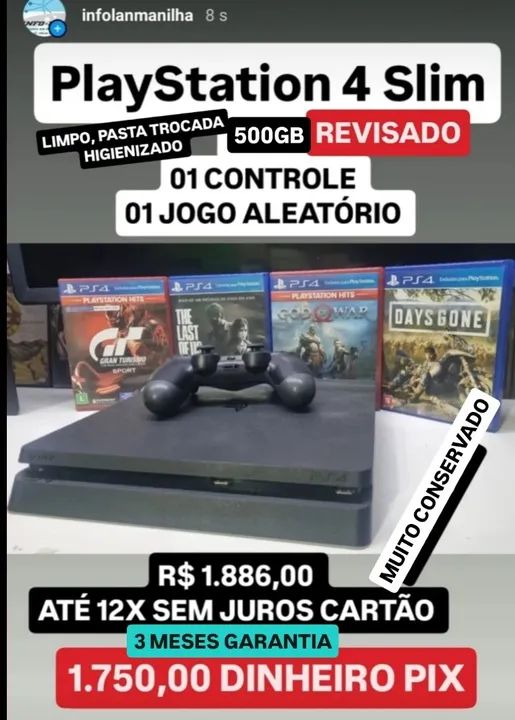 PlayStation 4 Slim 500GB Revisado - 1 Controle + Jogo Aleatório