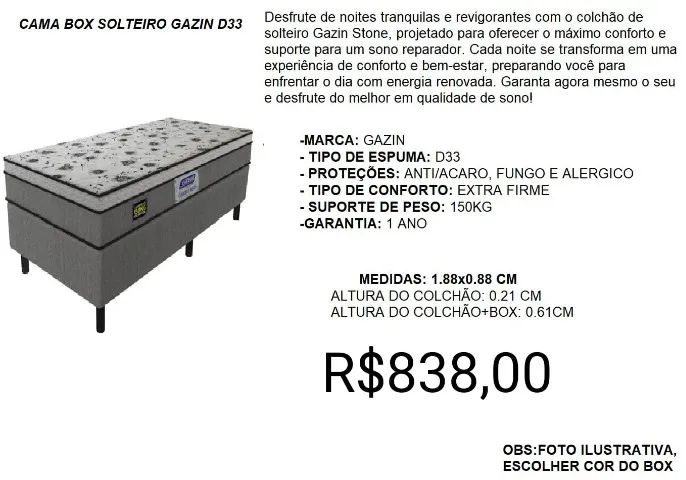 CONJUNTO COLCHÃO+BOX SOLTEIRO A PRONTA-ENTREGA