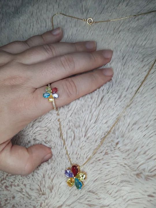 Gargantilha e Anel com Pedras Coloridas - Foto 2