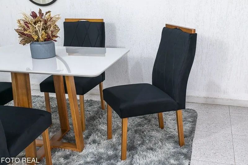 Mesa de Jantar 120x80 Vidro Off 4 Cadeiras Veludo Preto Madeira Maciça - Foto 3
