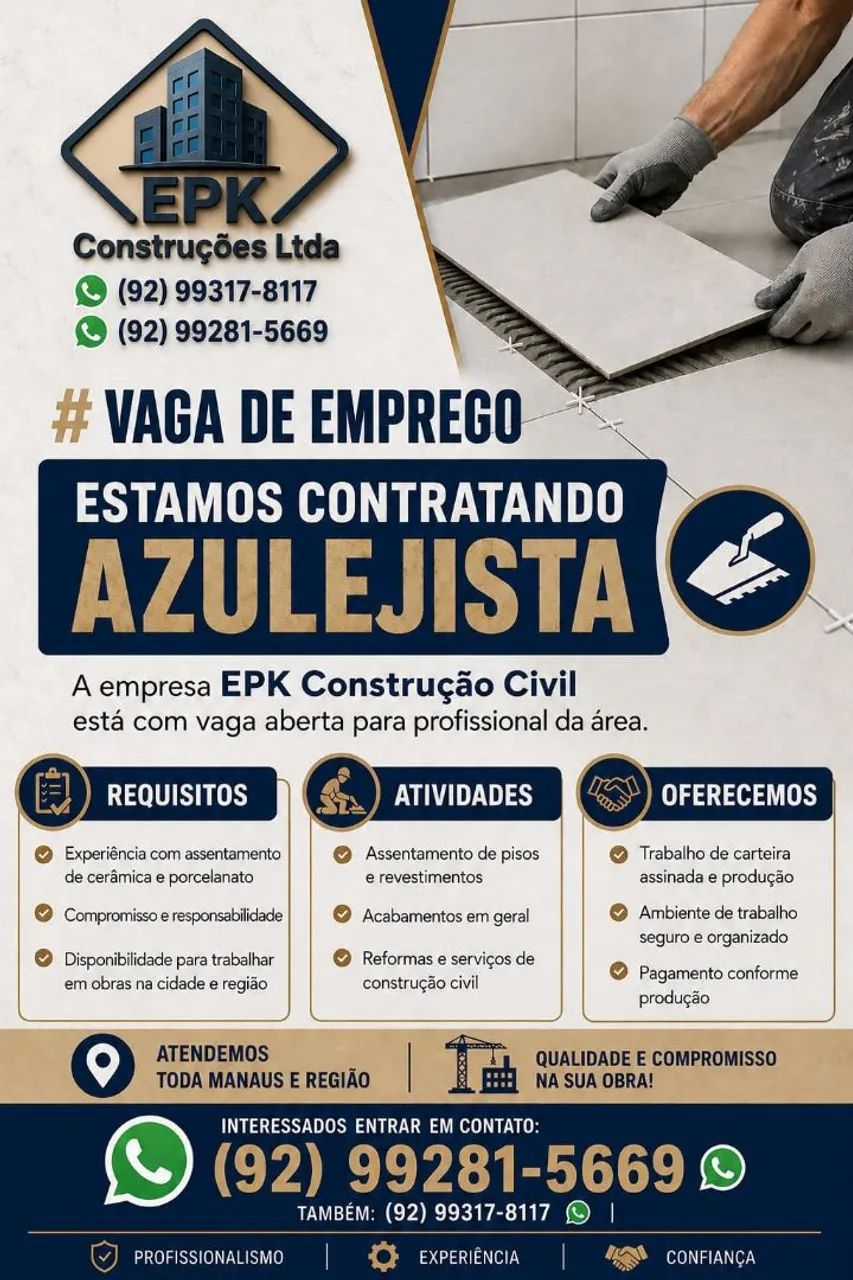 Vaga de emprego azulejista .