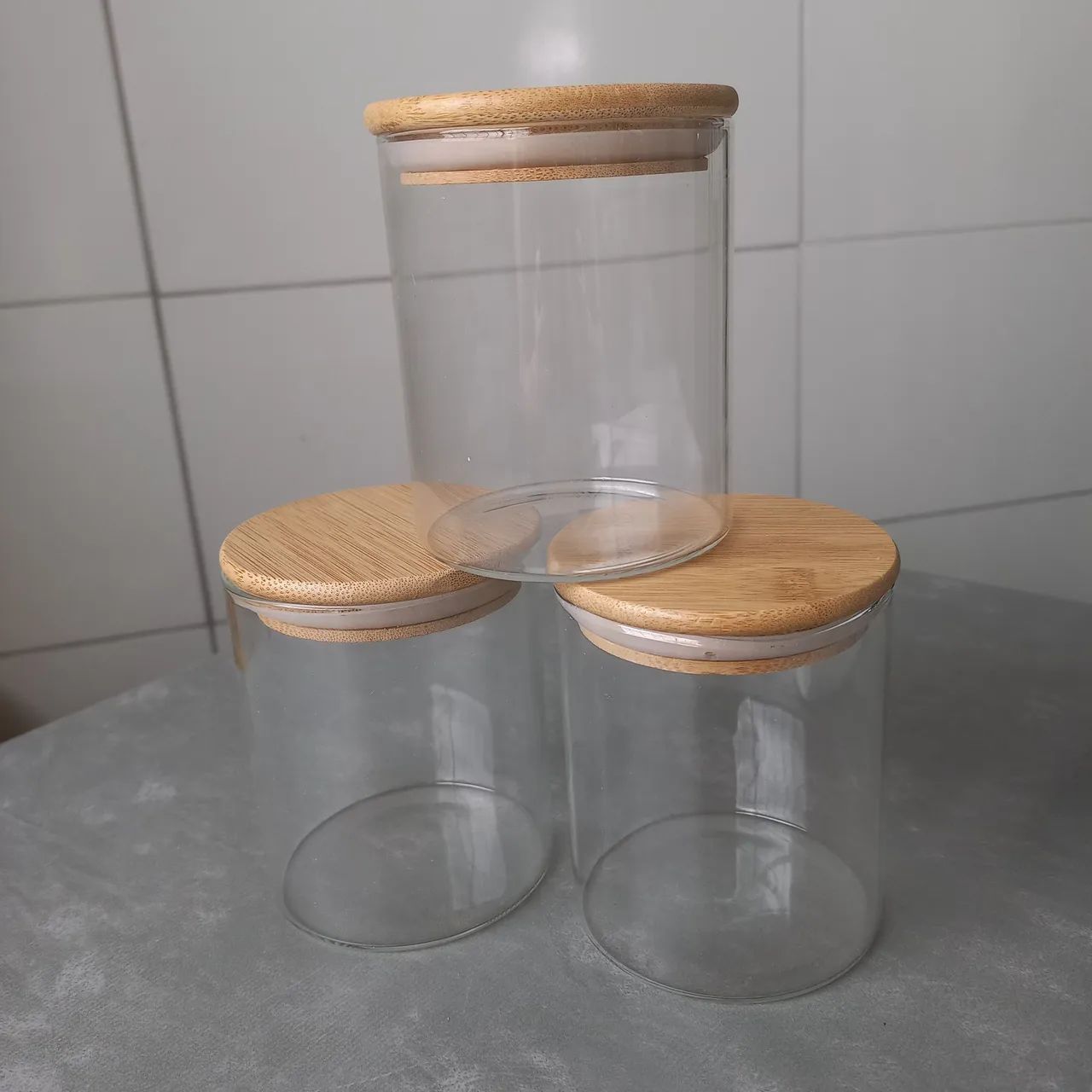 Kit de 3 potes de vidro com tampa de bambu  - Foto 3