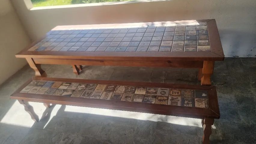 Mesa com bancos  Retangular de Madeira e Azulejo - Foto 4
