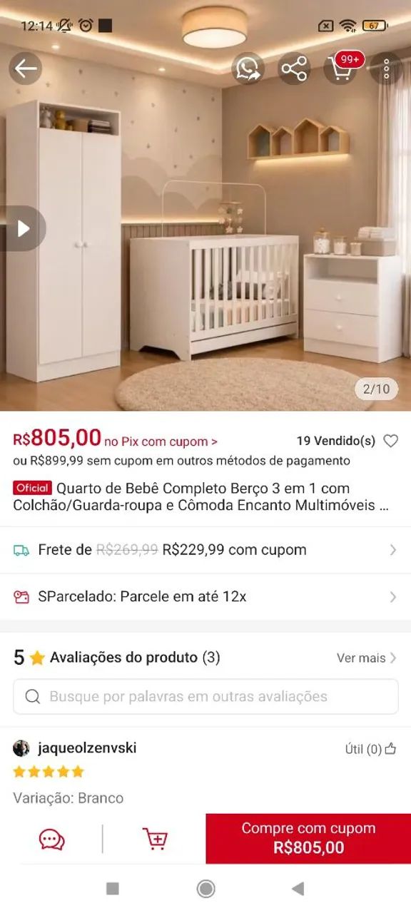Conjunto de berço guarda roupa e cômoda infantil 